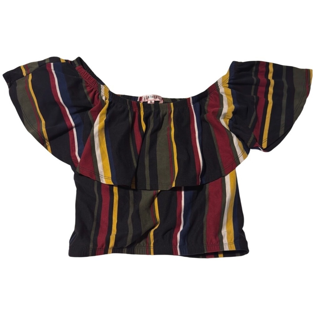 Feathers Striped‎ Off Shoulder Ruffle Sleeve Top Multicolor M